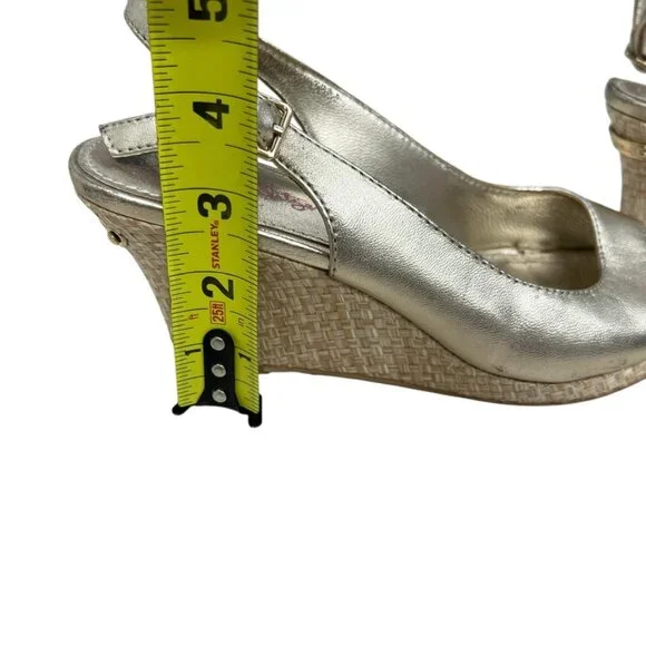 Lilly Pulitzer Gigi Leather Slingback Open Toe Gold Wedge Sandals Women's Sz 7. - Picture 3 of 14